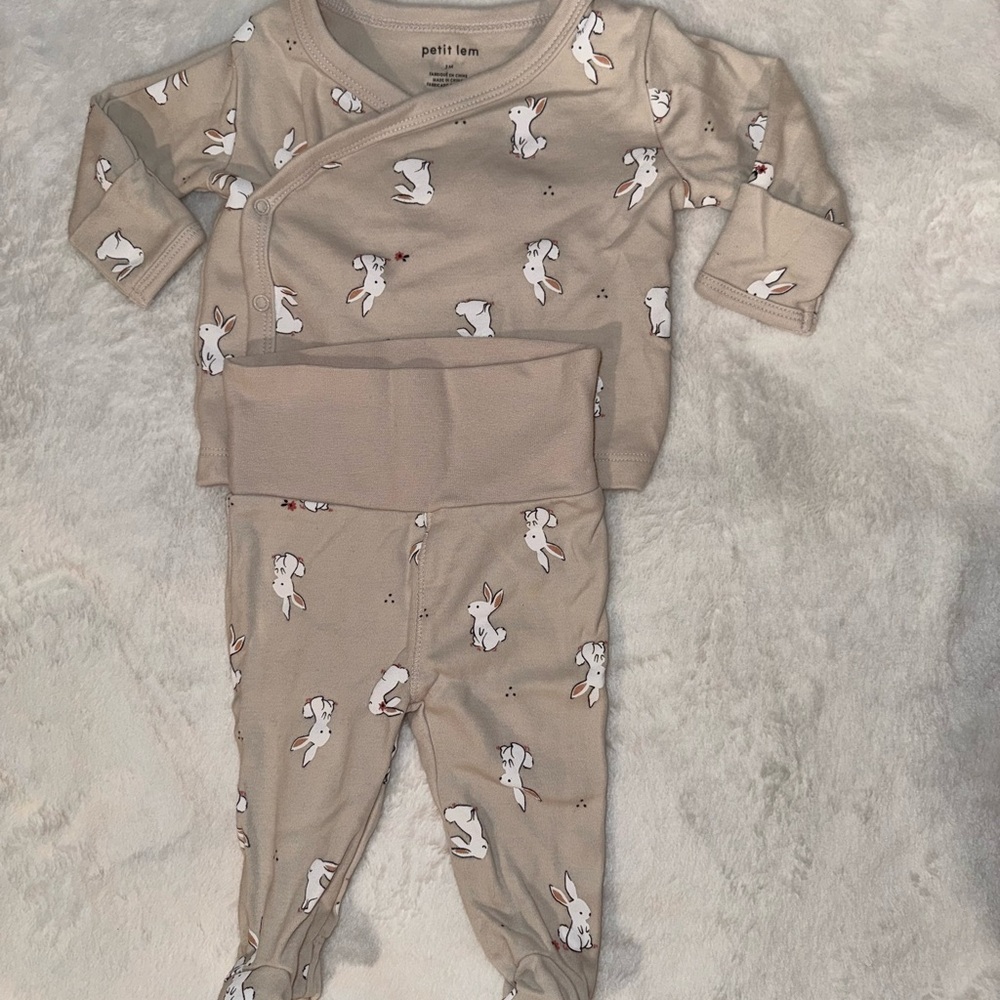 Petit Lem Cream Baby Outfit with Bunny Design